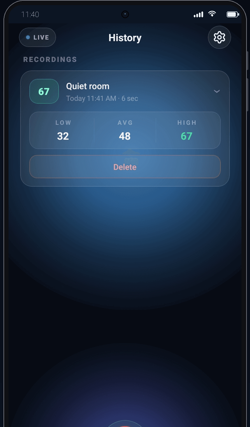 Din's History tab showing a saved recording named Quiet room with low 32, average 48 and high 67 decibels.