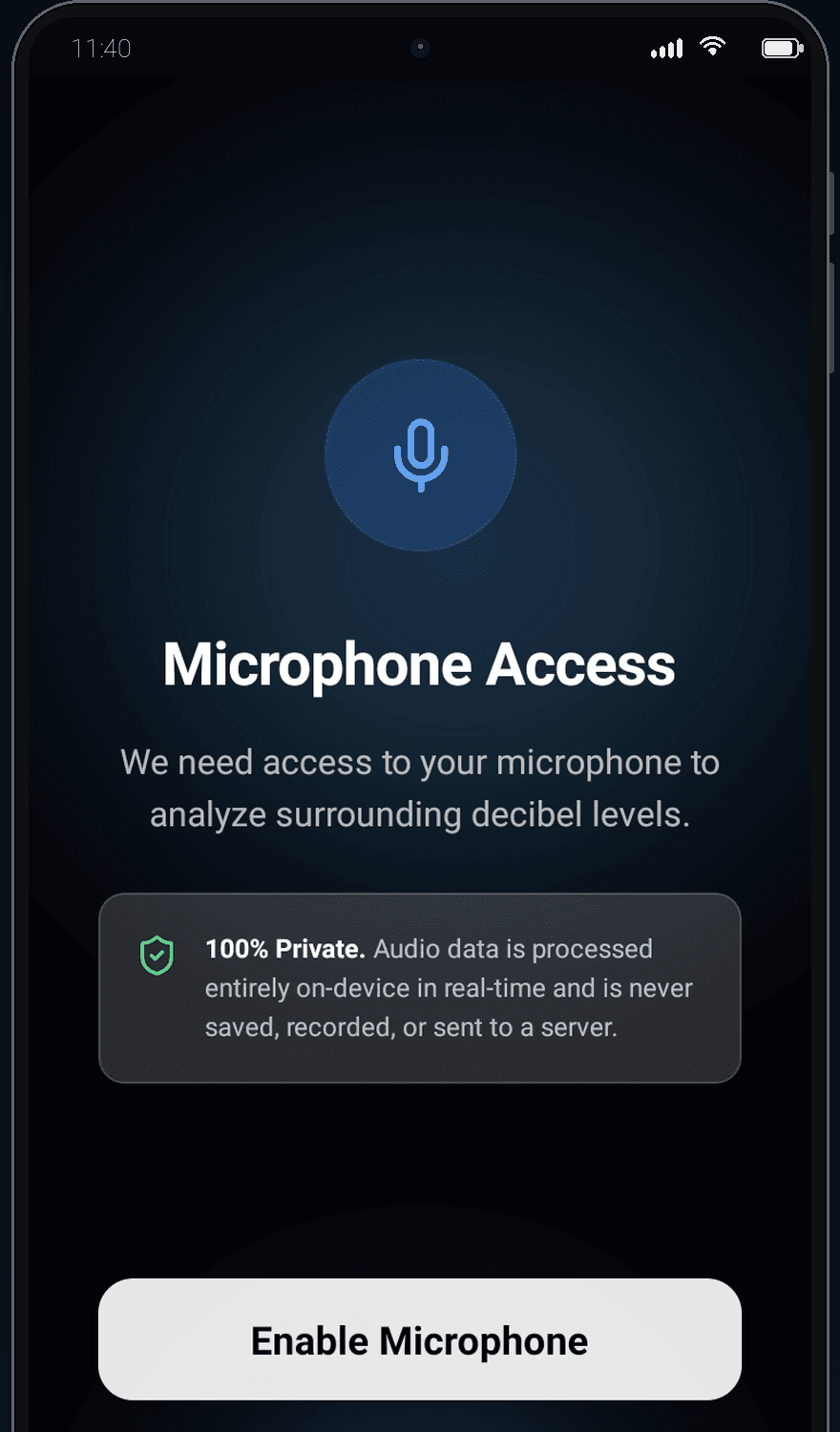 Din's microphone permission screen, stating that audio data is processed entirely on-device and never saved, recorded or sent to a server.